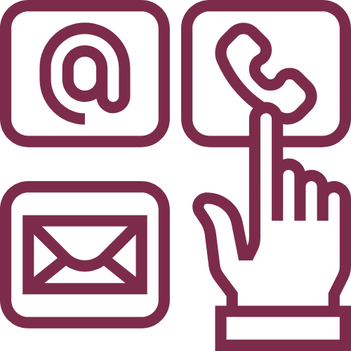 Maroon Hand hovering over contact symbols for e-mail, phone, and mail